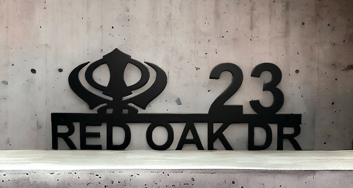 Khanda + Custom Address Metal Sign